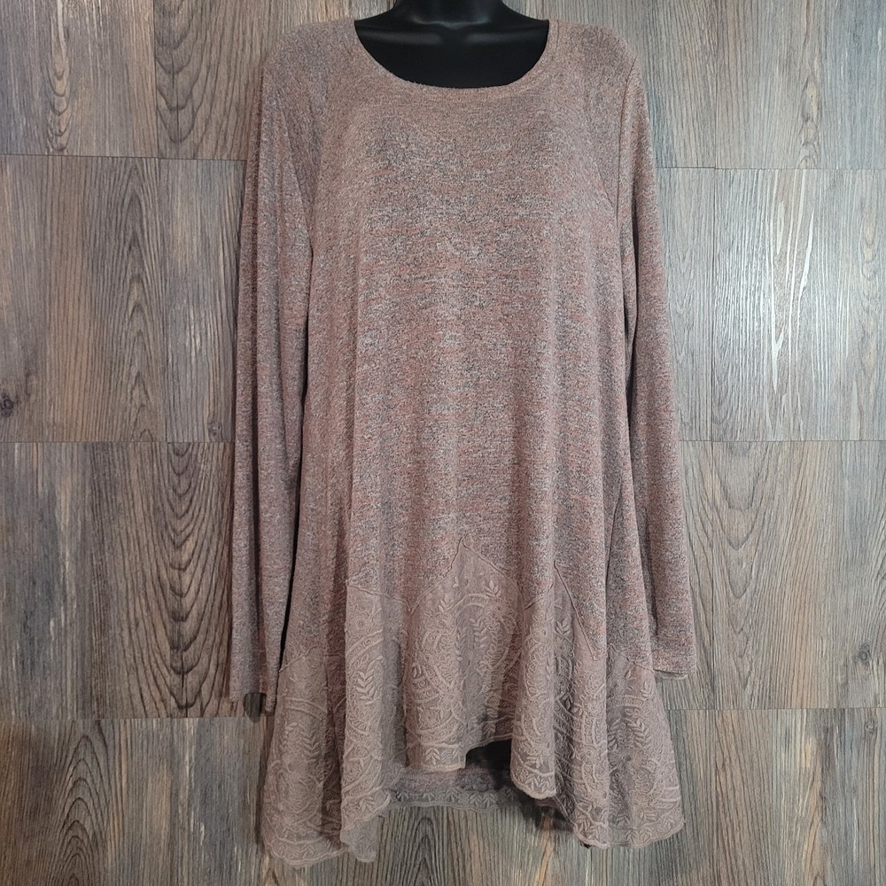 LOGO Lori Goldstein Embroidered Lace Tunic Size L Muted Pink Mauve Long Sleeve